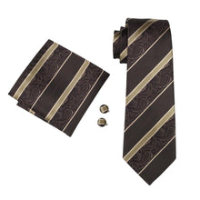 Load image into Gallery viewer, Brown and Gold Striped Paisley Tie Set