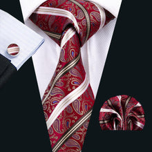 Load image into Gallery viewer, White and Red Striped Paisley Tie Set